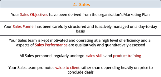 4.  Sales  Your Sales Objectives have been derived from the organization’s Marketing Plan All Sales personnel regularly undergo  sales skills and product training Your Sales Funnel has been carefully structured and is actively managed on a day-to-day basis Your Sales team is kept motivated and operating at a high level of efficiency and all aspects of Sales Performance are qualitatively and quantitatively assessed Your Sales team promotes value to client rather than depending heavily on price to conclude deals