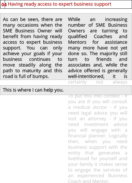 Having ready access to expert business support 04 As can be seen, there are many occasions when the SME Business Owner will benefit from having ready access to expert business support. You can only achieve your goals if your business continues to move steadily along the path to maturity and this road is full of bumps. While an increasing number of SME Business Owners are turning to qualified Coaches and Mentors for assistance many more have not yet done so. The majority still turn to friends and associates and, while the advice offered is generally well-intentioned, it is certainly not always effective. To put this into context - if you are ill you will consult a medical doctor - if you need legal advice you will visit an attorney - if you need investment advice you will engage with a financial planner. Logically then, when you need business support with the entity that generates a livelihood for yourself and your family it makes sense to engage the services of an experienced Business Coach and Mentor. This is where I can help you.