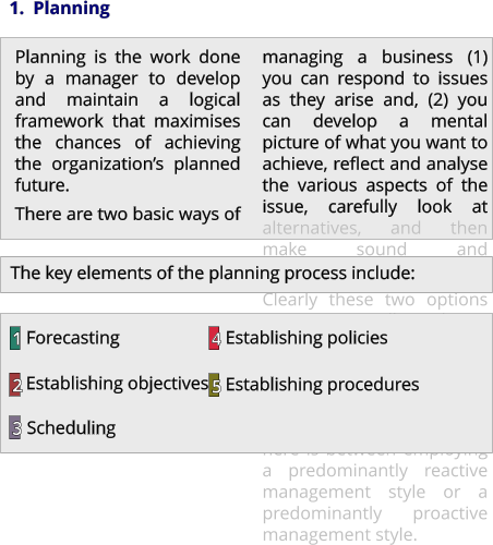 1.  Planning  Planning is the work done by a manager to develop and maintain a logical framework that maximises the chances of achieving the organization’s planned future. There are two basic ways of managing a business (1) you can respond to issues as they arise and, (2) you can develop a mental picture of what you want to achieve, reflect and analyse the various aspects of the issue, carefully look at alternatives, and then make sound and considered decisions. Clearly these two options are not mutually exclusive but the extent to which you favour one or other will have a major impact on your business results. In essence the distinction here is between employing a predominantly reactive management style or a predominantly proactive management style. The key elements of the planning process include: 1 Forecasting Establishing objectives Scheduling Establishing policies Establishing procedures 2 3 4 5