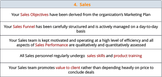 4.  Sales  Your Sales Objectives have been derived from the organization’s Marketing Plan All Sales personnel regularly undergo  sales skills and product training Your Sales Funnel has been carefully structured and is actively managed on a day-to-day basis Your Sales team is kept motivated and operating at a high level of efficiency and all aspects of Sales Performance are qualitatively and quantitatively assessed Your Sales team promotes value to client rather than depending heavily on price to conclude deals
