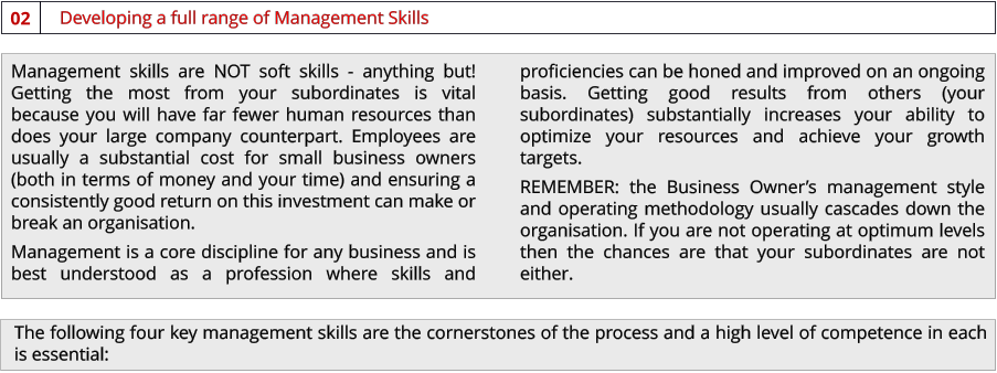 proficiencies can be honed and improved on an ongoing basis. Getting good results from others (your subordinates) substantially increases your ability to optimize your resources and achieve your growth targets. REMEMBER: the Business Owner’s management style and operating methodology usually cascades down the organisation. If you are not operating at optimum levels then the chances are that your subordinates are not either. Developing a full range of Management Skills 02 Management skills are NOT soft skills - anything but! Getting the most from your subordinates is vital because you will have far fewer human resources than does your large company counterpart. Employees are usually a substantial cost for small business owners (both in terms of money and your time) and ensuring a consistently good return on this investment can make or break an organisation. Management is a core discipline for any business and is best understood as a profession where skills and The following four key management skills are the cornerstones of the process and a high level of competence in each is essential:
